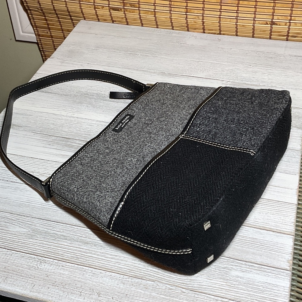 Kate Spade Grey Blk Wool Felt Shoulder Hobo Shoulder Bag Y2K Patchwork Zip Top